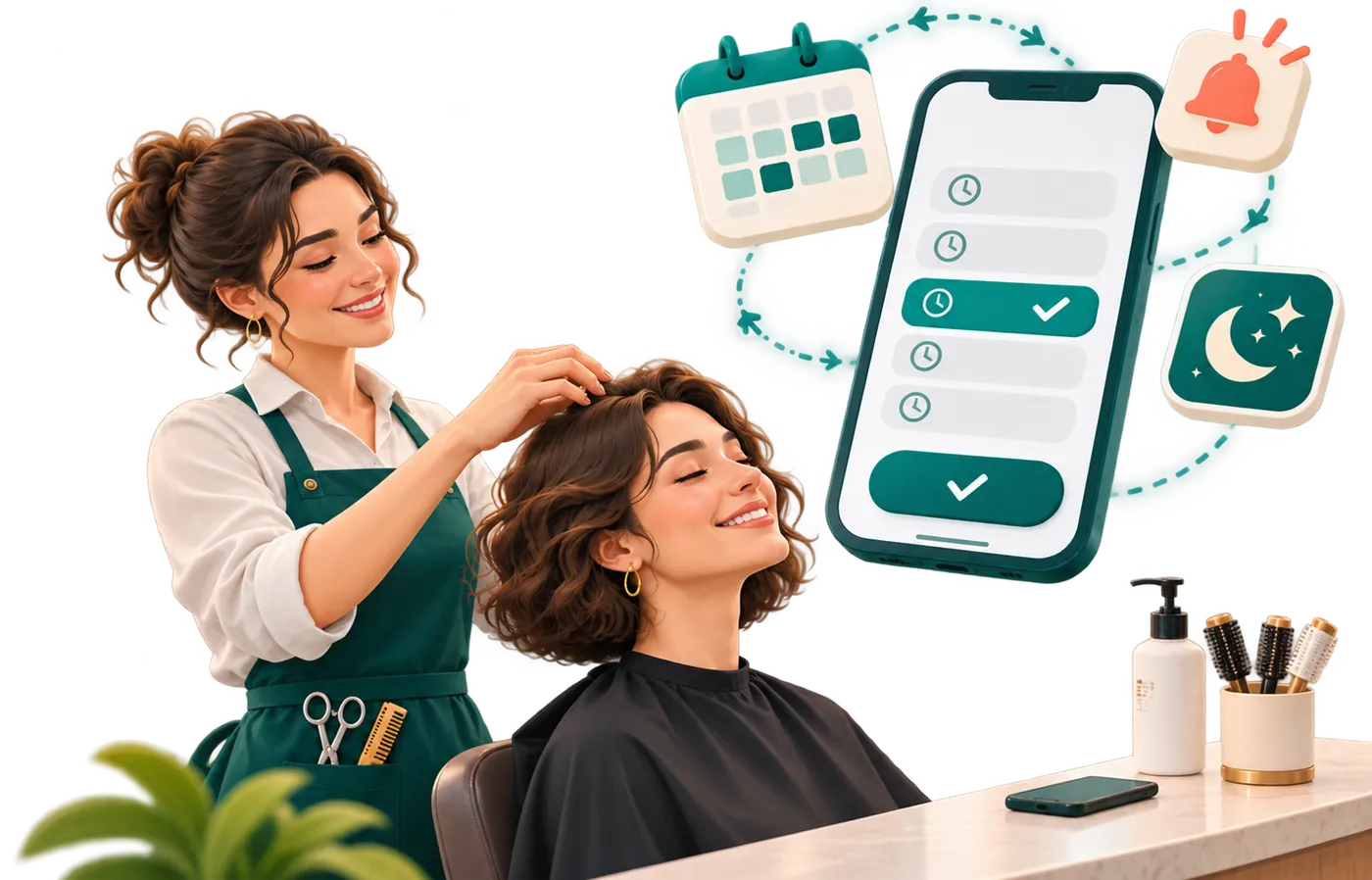 A stylist works calmly while clients book on their phones