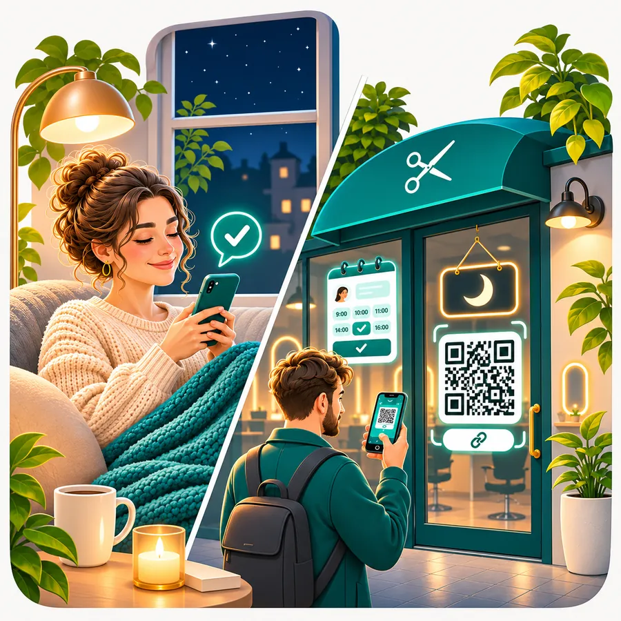 A client books at night from her phone while a passer-by scans the QR code on a closed salon's door
